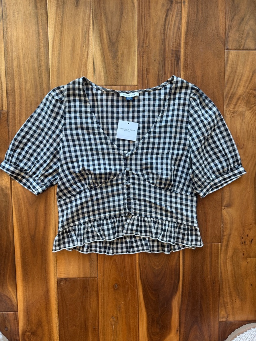 American Eagle Outfitters Black and White Gingham Ruffle-Hem Crop Top